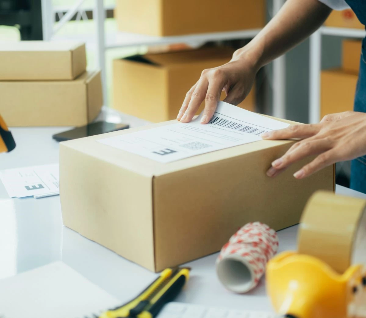 Person fäster en fraktsedel på ett paket vid ett packbord omgiven an tejp, snöre och kartonger.