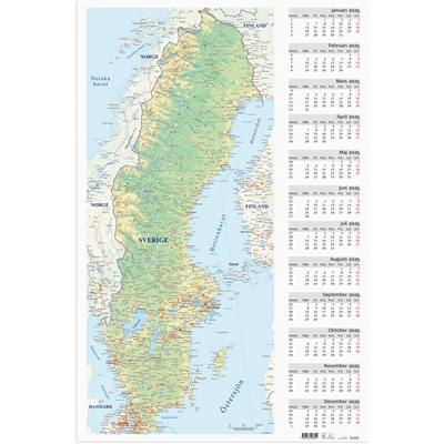 Väggkalender 2025 Väggblad Sverigekarta